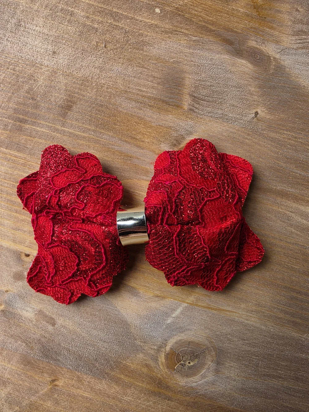 Red Lace Bow Hair Clip with Metal Accent